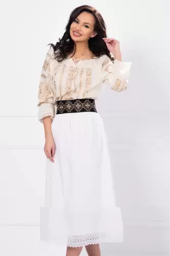 Brau dama traditional Filofteia brodat cu motive bej inpirate din portul romanesc