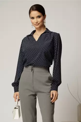 Camasa dama bleumarin cu buline cu decolteu adanc si maneca lunga