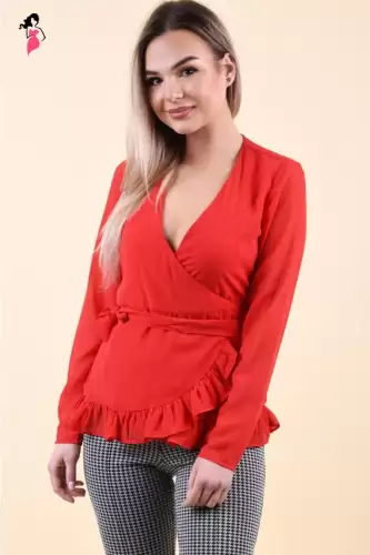 Camasa dama parte peste parte confectionata din voal de culoare rosie