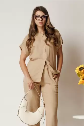 Camasa DY Fashion bej din material vaporos cu croi drept si nasturi