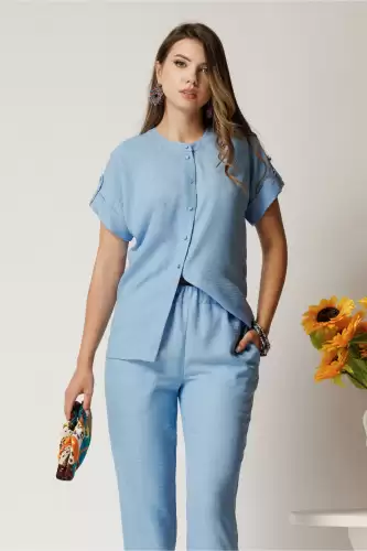 Camasa DY Fashion bleu din material vaporos cu croi drept si nasturi