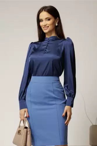 Camasa DY Fashion din satin bleumarin cu nasturi la bust si guler tunica