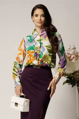 Camasa DY Fashion din viscoza ivory cu print mov si verde