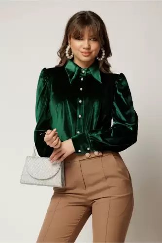 Camasa DY Fashion eleganta din catifea verde cu nasturi perlati
