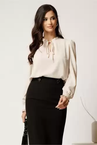 Camasa DY Fashion ivory din voal cu guler incretit