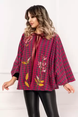 Capa eleganta ciclame din lana cu model pied cu coq