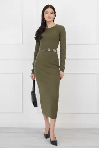 Compleu Anemona kaki din tricot cu strasuri in talie