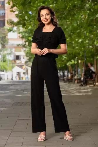 Compleu casual negru din crep cu bluza si pantalon