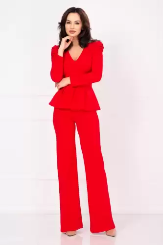 Compleu dama Marielle rosu cu peplum si pantaloni evazati