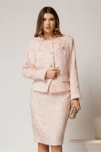 Compleu dama roz din stofa cu insertii aurii