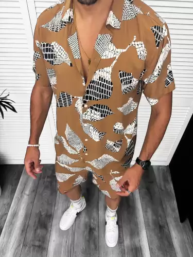 Compleu de vara camasa cu imprimeu + pantaloni maro 13277 K6