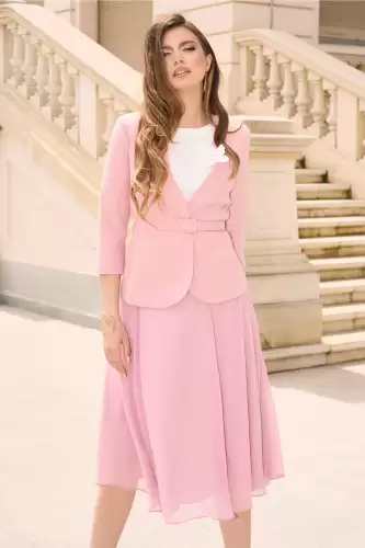 Compleu DY Fashion elegant roz cu fusta din voal si sacou din stofa