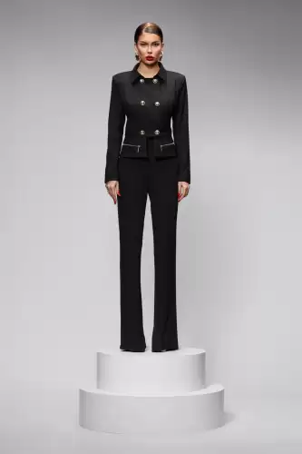 Compleu elegant negru cu pantaloni evazati