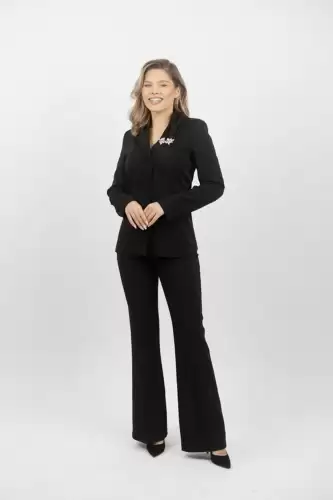 Compleu elegant negru format din sacou cambrat si pantaloni evazati cu talie inalta
