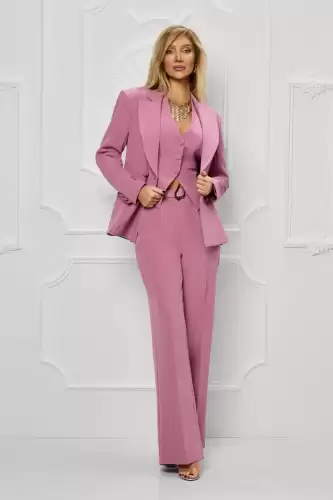 Compleu elegant roz format din trei piese cu pantaloni evazati