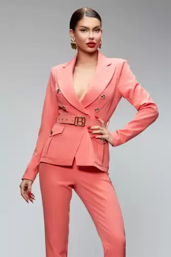 Compleu elegant somon din doua piese cu pantaloni conici cu talie inalta