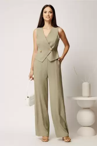 Compleu kaki din viscoza si adaos de in cu vesta cambrata si pantaloni lejeri
