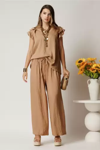 Compleu maro din viscoza cu bluza si pantaloni lejeri