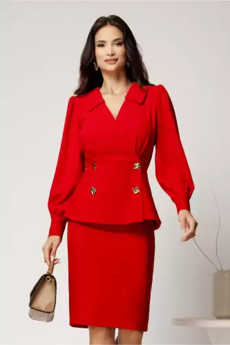 Compleu rosu din stofa cu sacou si fusta