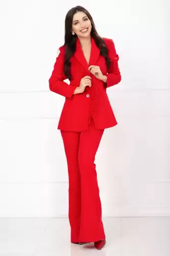 Compleu Valentine's rosu elegant cu pantalon evazat si aplicatie din fulgi