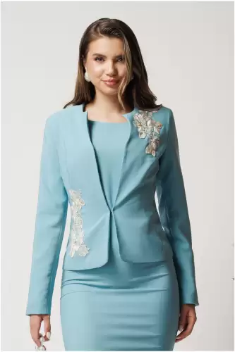 Compleu verde menta cu rochie midi conica si sacou cu broderie- LaDonna