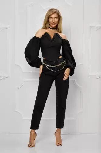 Corset din popline negru prevazut cu maneci bufante si perle la bust