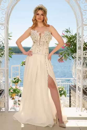 Corset Vis de Coral cu broderii din dantela nude si perle cusute manual