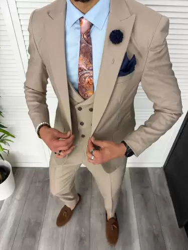 Costum barbati slim fit  bej  3 piese  11840 29-5