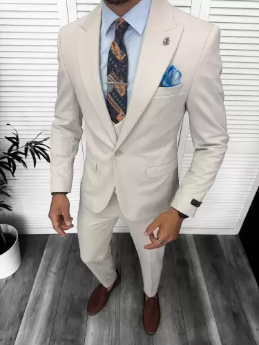 Costum barbati slim fit bej 3 piese 13346 49