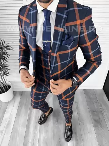 Costum barbati slim fit bleumarin in carouri B7956 92-5