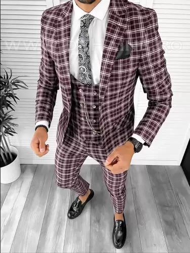 Costum barbati slim fit grena in carouri (SACOU + PANTALONI) 7916  O3-4.3