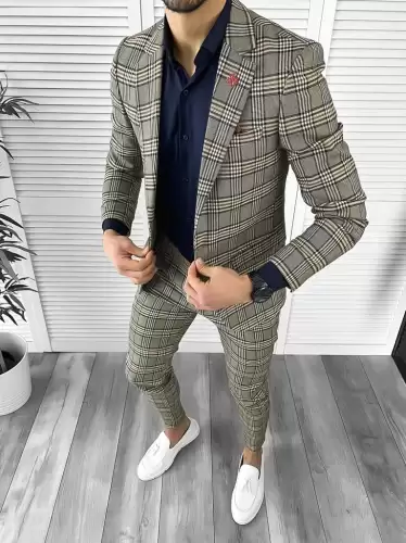 Costum barbati  slim fit in carouri sacou + pantaloni 10268 D4-3.1