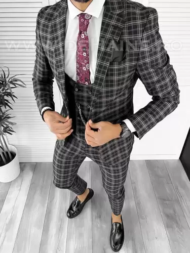 Costum barbati slim fit negru in carouri B7916 124