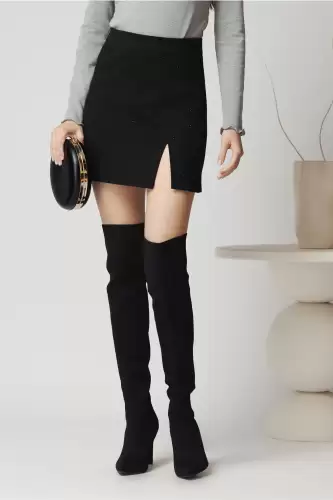 Fusta casual scurta din viscoza neagra cu strasuri