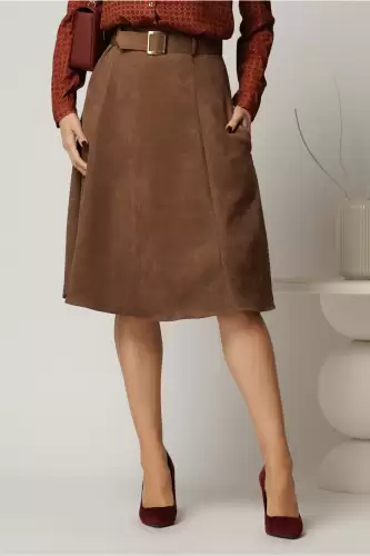 Fusta DY Fashion maro clos din piele intoarsa si curea in talie