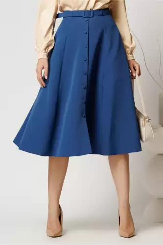 Fusta DY Fashion midi albastra cu nasturi si curea in talie