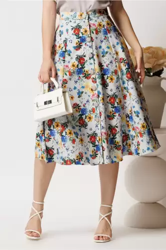 Fusta DY Fashion midi gri cu flori colorate in clos cu nasturi