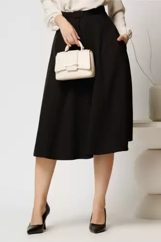 Fusta DY Fashion midi neagra cu nasturi si curea in talie