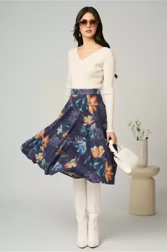 Fusta DY Fashion midi office din jerse bleumarin cu imprimeu floral