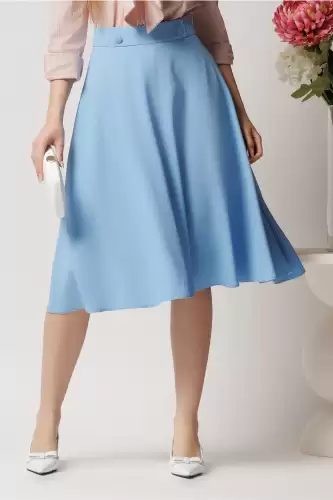 Fusta DY Fashion midi office din triplu voal bleu cu nasturi pe talie