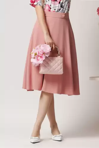 Fusta DY Fashion midi office din triplu voal roz cu nasturi pe talie