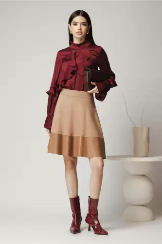 Fusta Dy Fashion office din stofa bej cu insertie din piele ecologica la baza