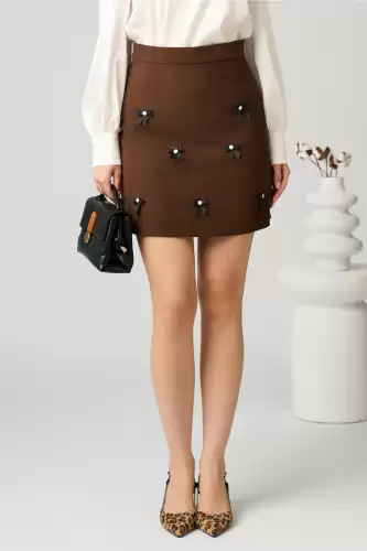 Fusta DY Fashion scurta din jerse maro cu fundite