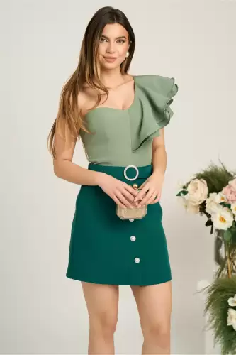 Fusta DY Fashion scurta din stofa verde cu nasturi si curea in talie