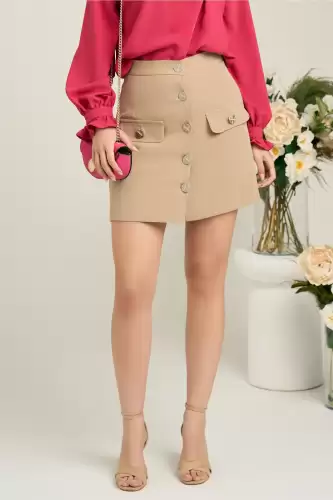 Fusta DY Fashion scurta office din stofa bej cu nasturi