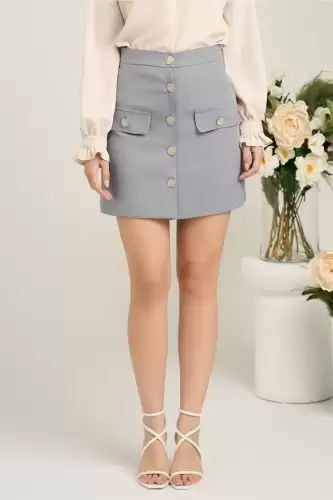 Fusta DY Fashion scurta office din stofa gri cu nasturi