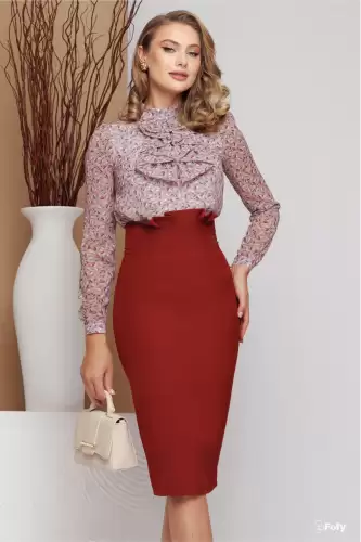 Fusta eleganta office bordo conica cu pliuri in talie