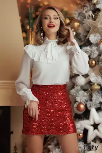 Fusta eleganta rosie mini Fofy din catifea cu paiete