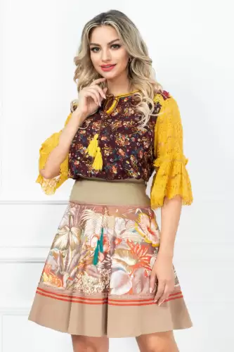 Fusta in clos grej cu imprimeu floral