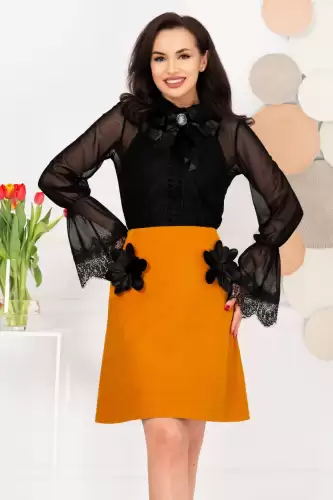 Fusta in clos mustar cu flori 3D handmade